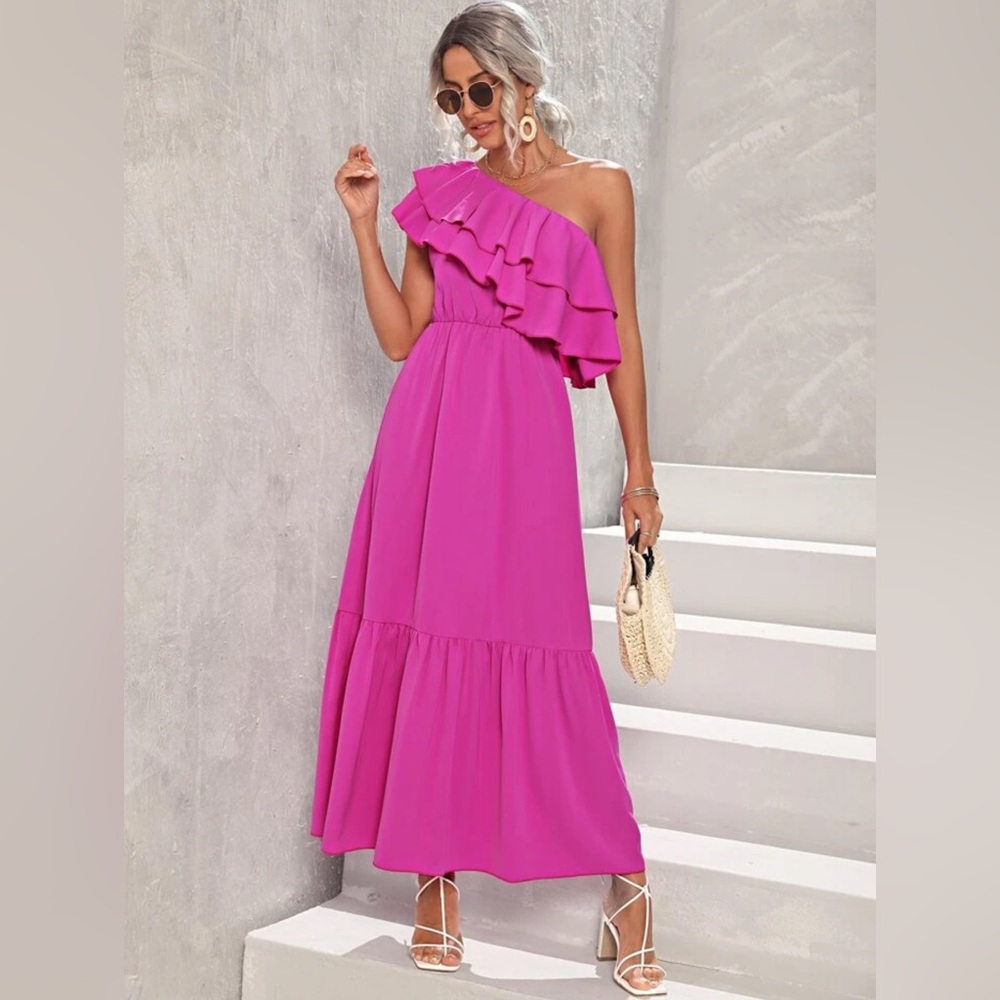 One Shoulder Ruffle Trim Dress